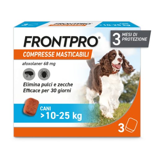 Frontpro Contro Pulci e Zecche 3 compresse masticabili per cani 10-25kg 68mg