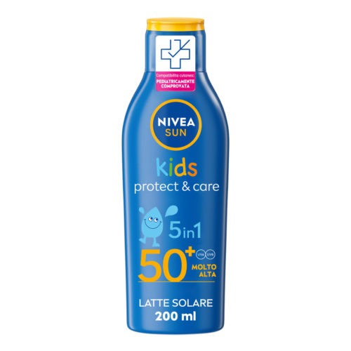 Nivea Sun Latte Solare Kids Protect & Care Fp50+ Crema Solare Per Bambini Waterproof 200ml